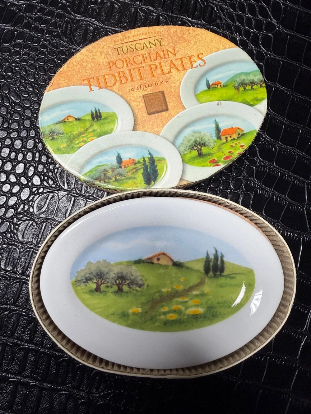 Boston Warehouse White Porcelain Tidbit Plates with Green & Orange Scenic Motif